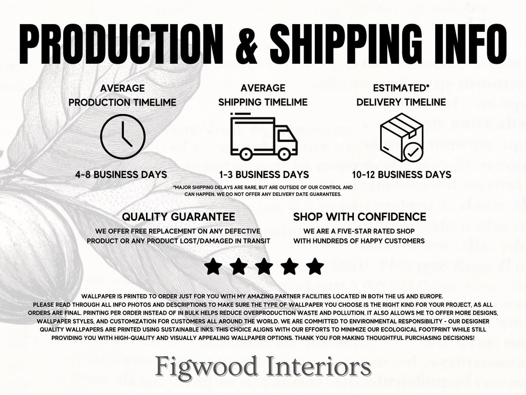 The image is a production and shipping information graphic with various icons and text providing details about the company's services.
