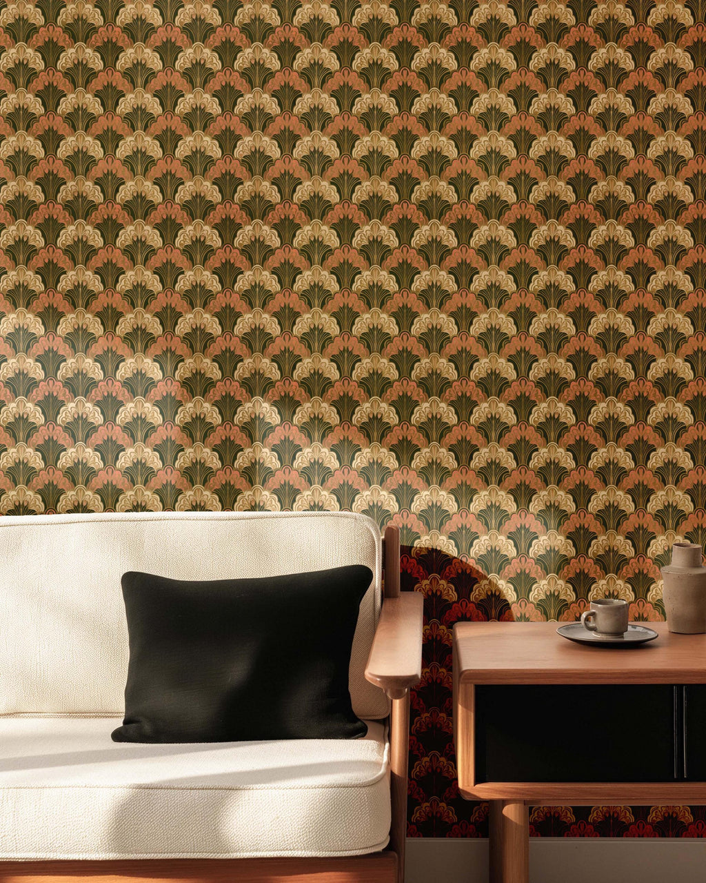 Retro Style Fan Wallpaper | Art Deco Pink Cream Green Accent Wall