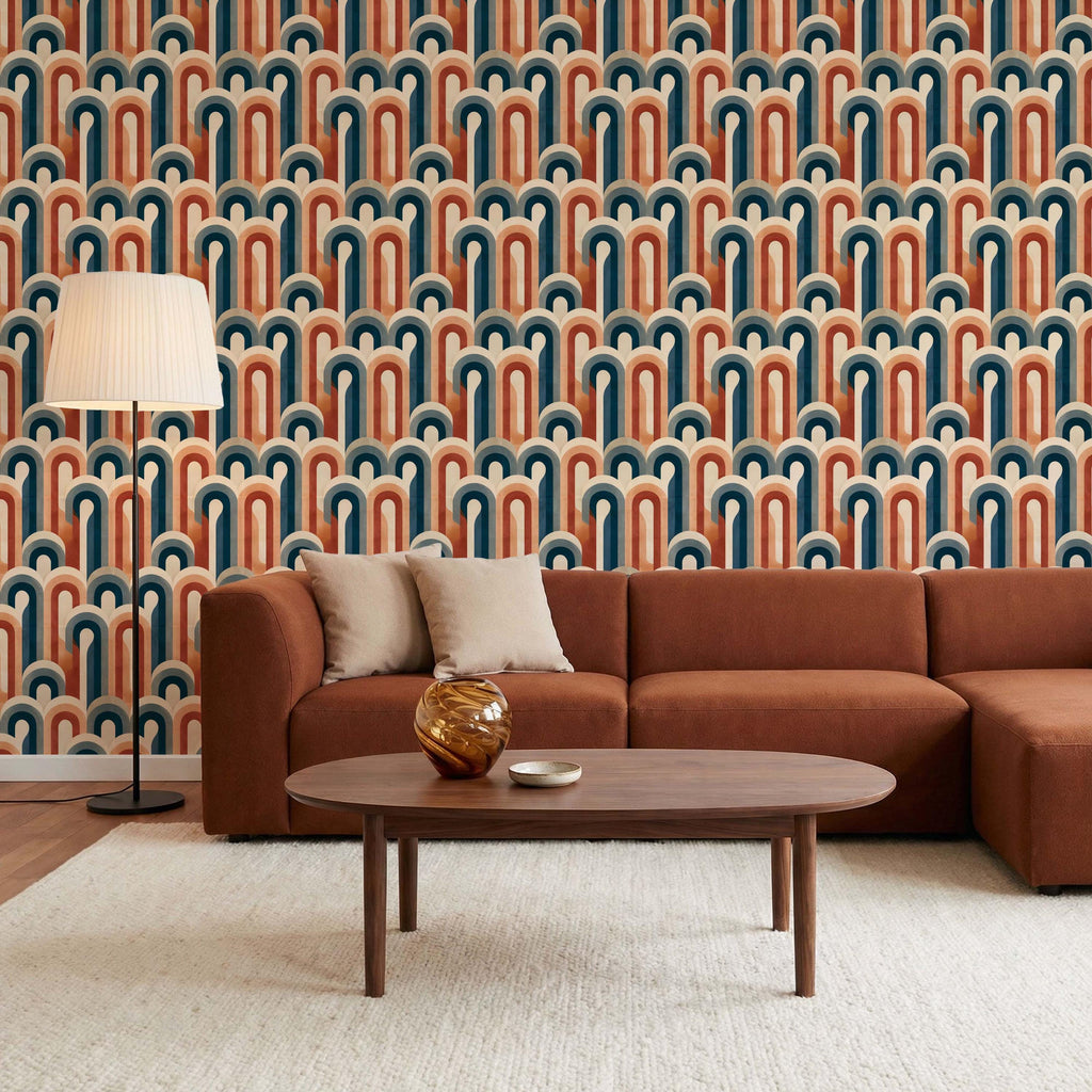 Colorful Geometric Retro Wallpaper, Mid Century Style Home Accent Wall