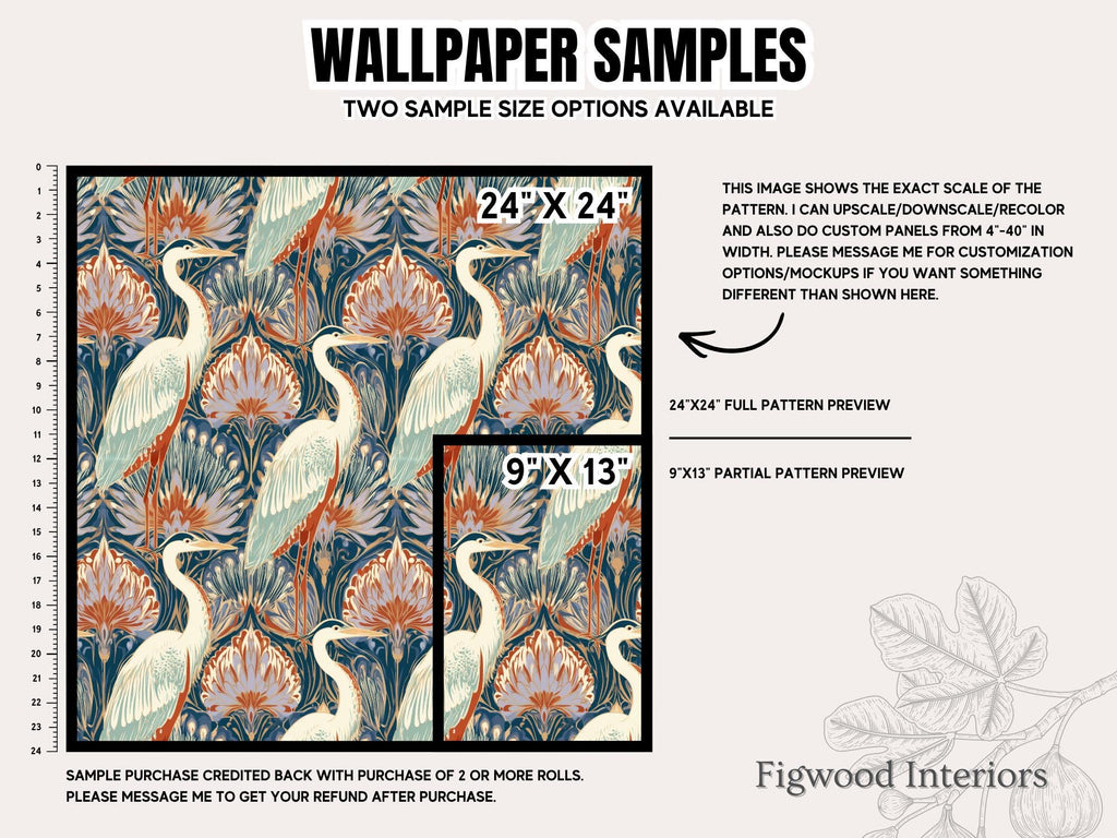 Maximalist Crane Peacock Wallpaper, Modern Art Deco Bird Accent Wall