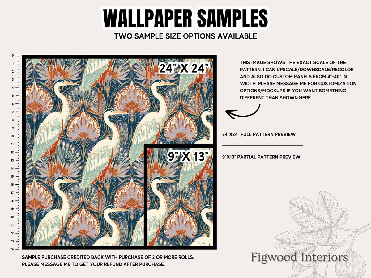 Maximalist Crane Peacock Wallpaper, Modern Art Deco Bird Accent Wall