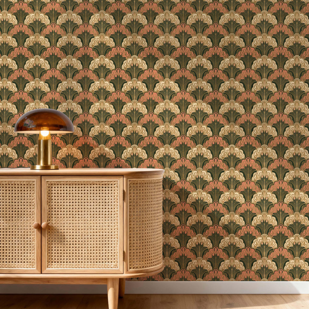 Retro Style Fan Wallpaper | Art Deco Pink Cream Green Accent Wall