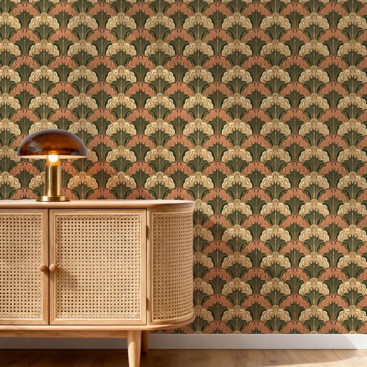 Retro Style Fan Wallpaper | Art Deco Pink Cream Green Accent Wall