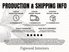 The image is a production and shipping information graphic with various icons and text providing details about the company's services.