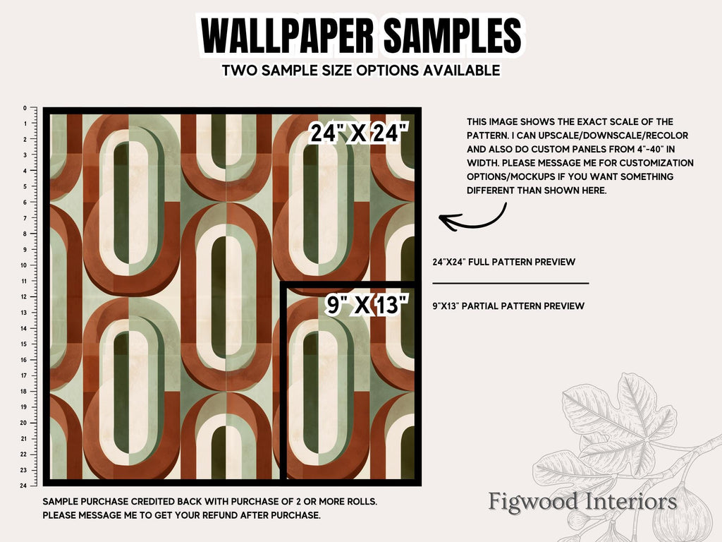 Mid-Century Retro Wallpaper - Geometric Burnt Orange and Sage Wall Mural