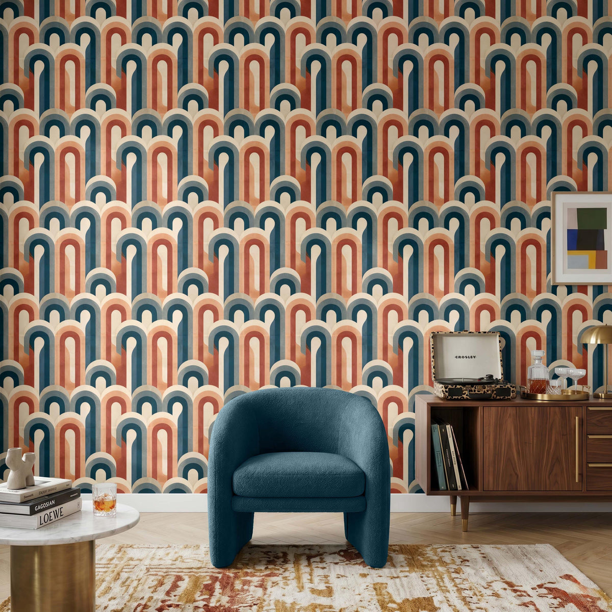 Colorful Geometric Retro Wallpaper, Mid Century Style Home Accent Wall