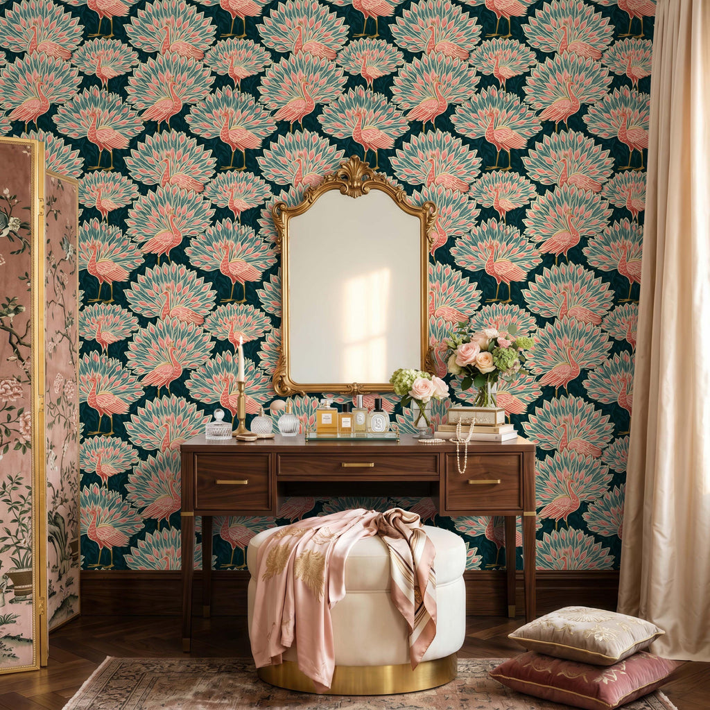 Peacock Maximalist Wallpaper - Fun Art Deco Bird Accent Wall