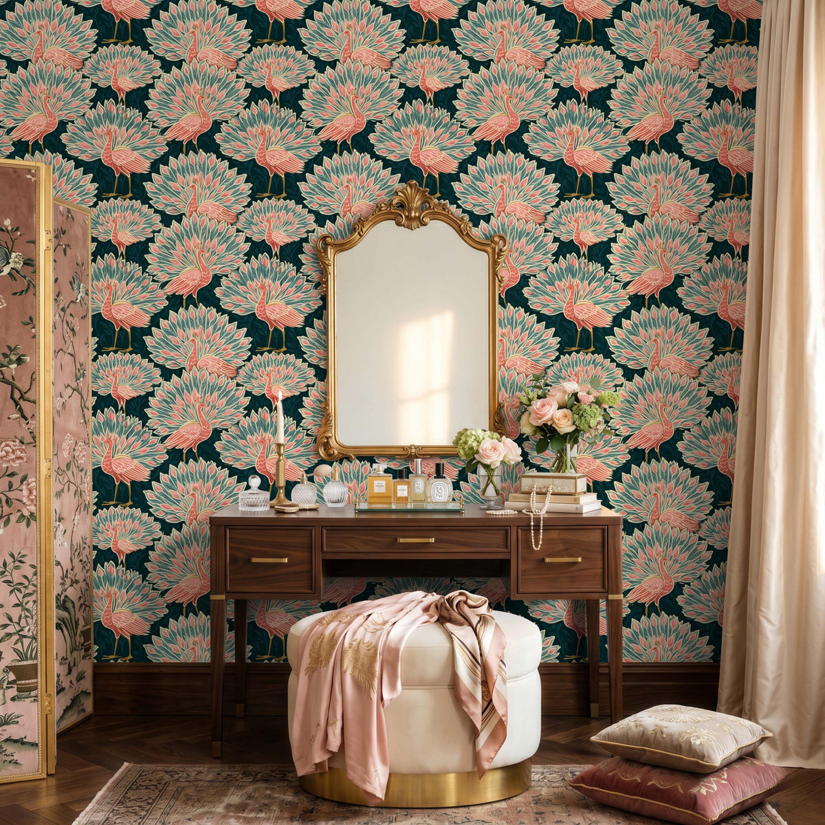 Peacock Maximalist Wallpaper - Fun Art Deco Bird Accent Wall
