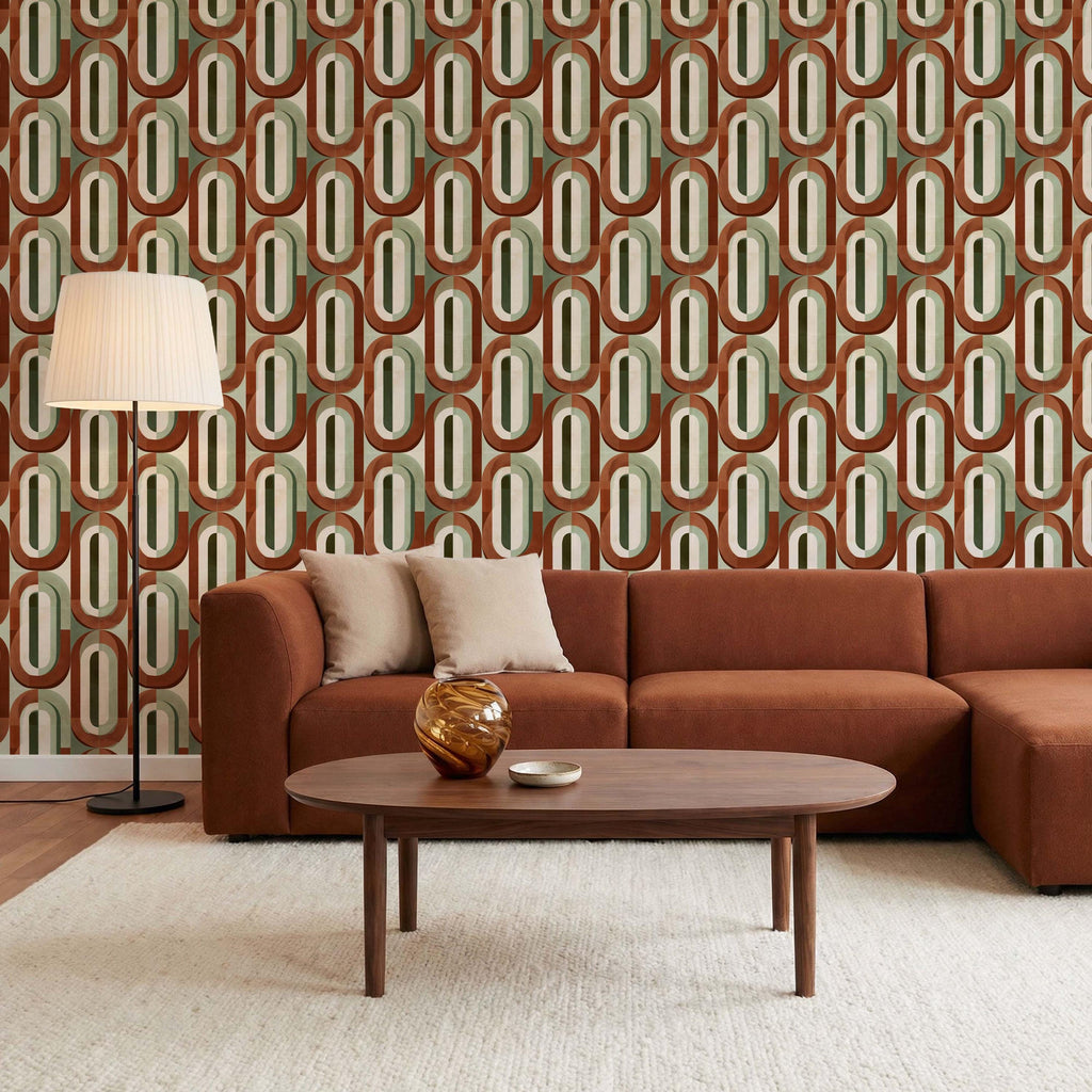 Mid-Century Retro Wallpaper - Geometric Burnt Orange and Sage Wall Mural