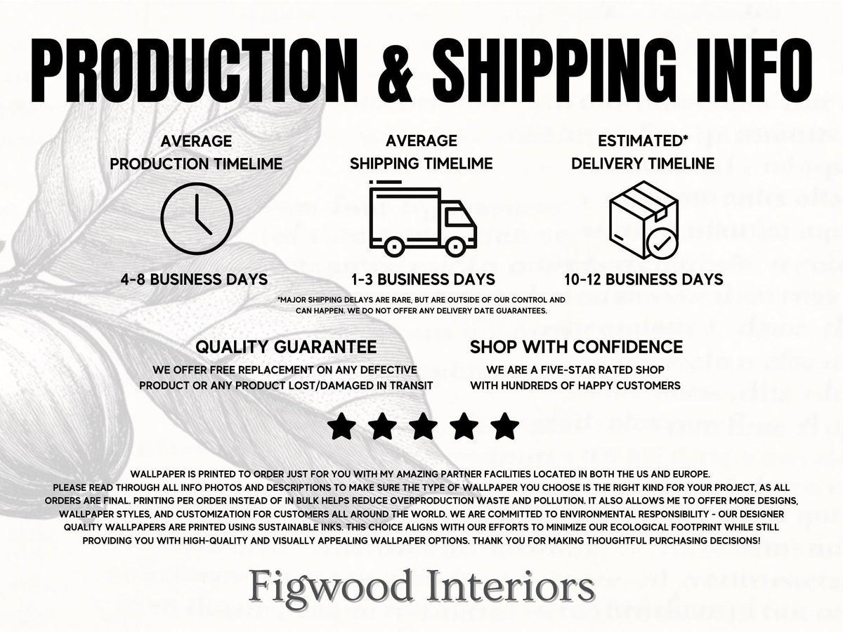 The image is a production and shipping information graphic with various icons and text providing details about the company's services.