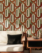 Mid-Century Retro Wallpaper - Geometric Burnt Orange and Sage Wall Mural