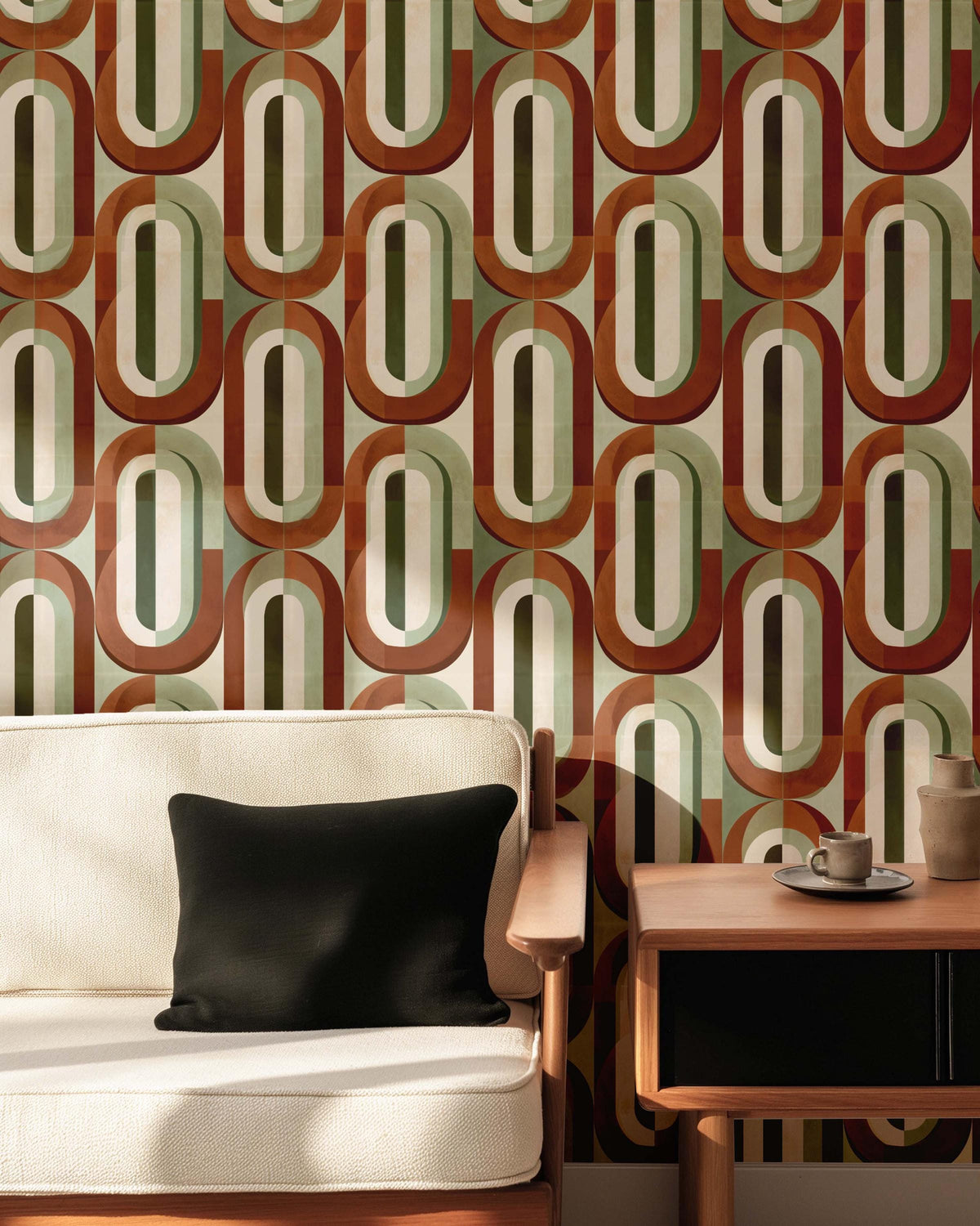 Mid-Century Retro Wallpaper - Geometric Burnt Orange and Sage Wall Mural