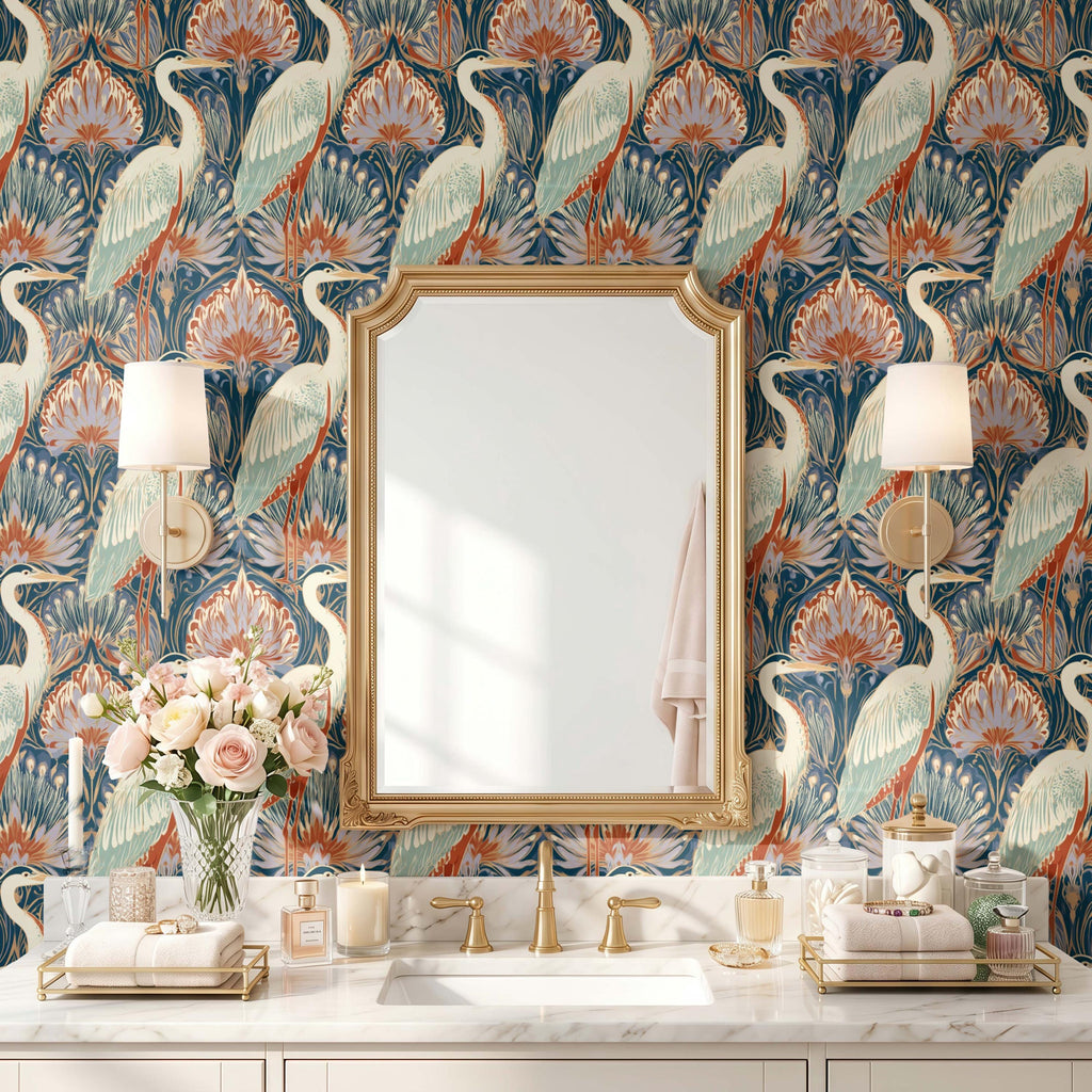 Maximalist Crane Peacock Wallpaper, Modern Art Deco Bird Accent Wall