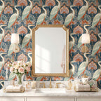 Maximalist Crane Peacock Wallpaper, Modern Art Deco Bird Accent Wall