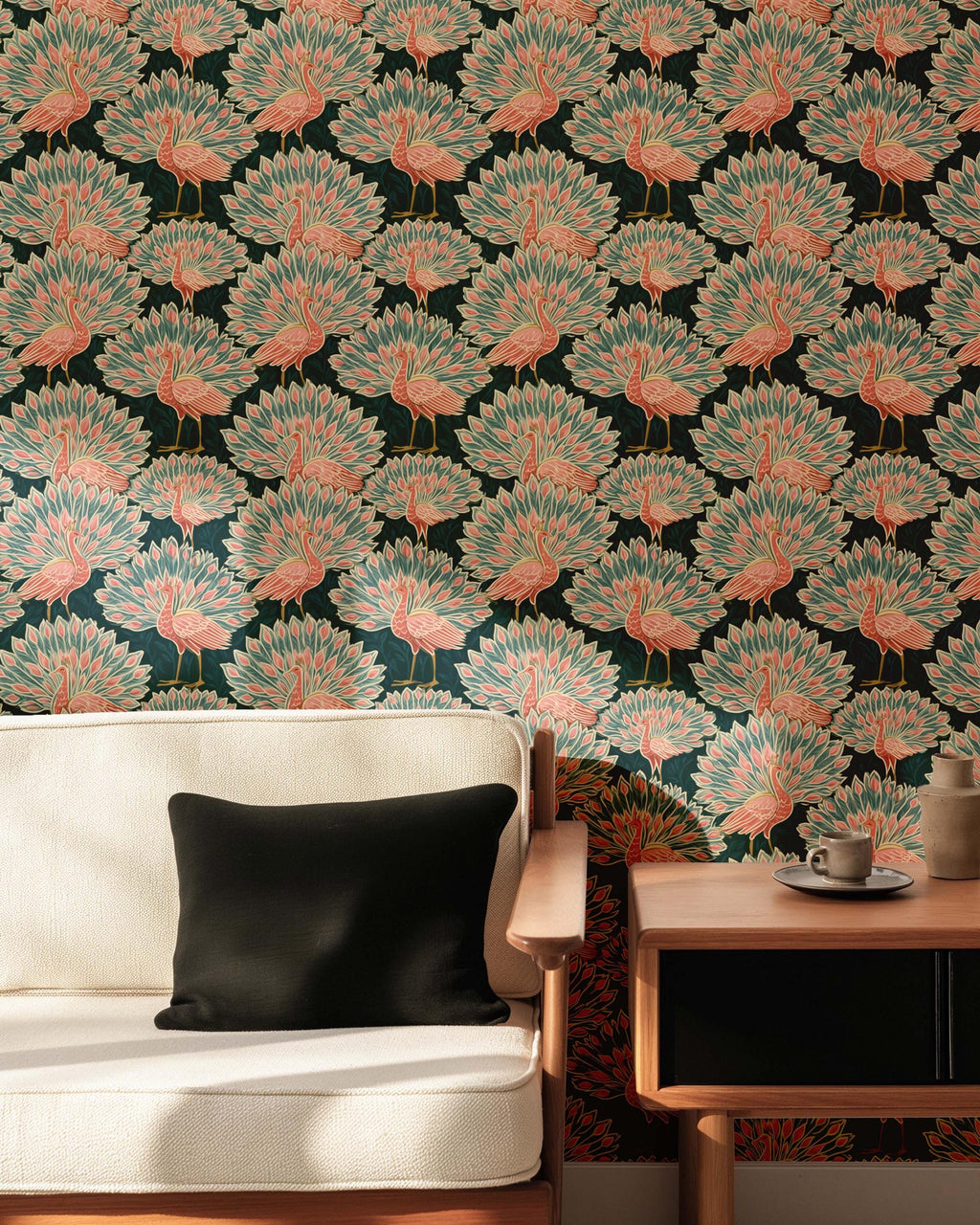 Peacock Maximalist Wallpaper - Fun Art Deco Bird Accent Wall