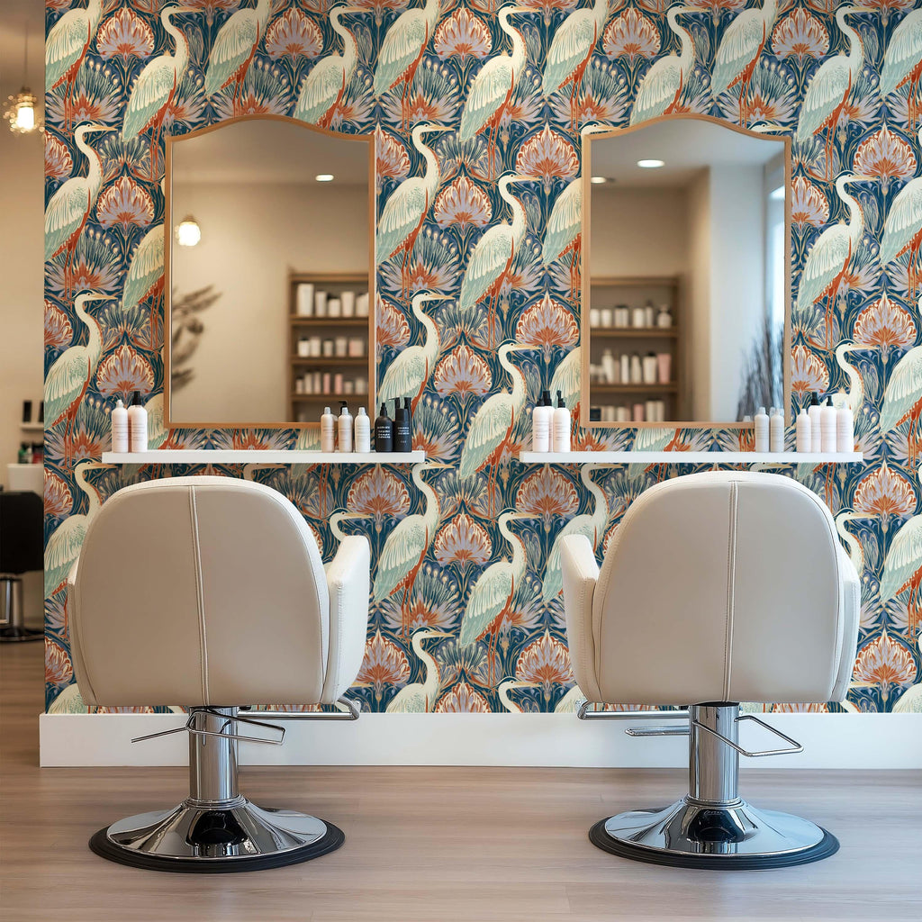 Maximalist Crane Peacock Wallpaper, Modern Art Deco Bird Accent Wall