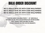 The image is a promotional image for a bulk order discount on wallpaper. It features a leaf with text that provides information about the discount and the available sizes of wallpaper.