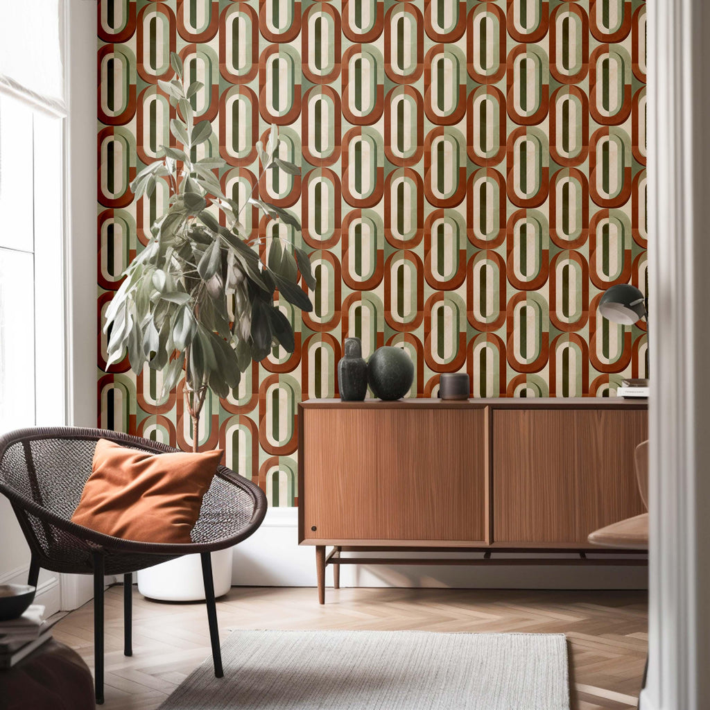 Mid-Century Retro Wallpaper - Geometric Burnt Orange and Sage Wall Mural