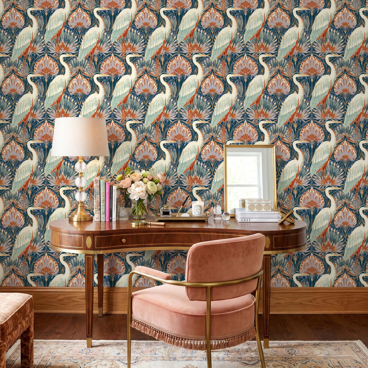Maximalist Crane Peacock Wallpaper, Modern Art Deco Bird Accent Wall