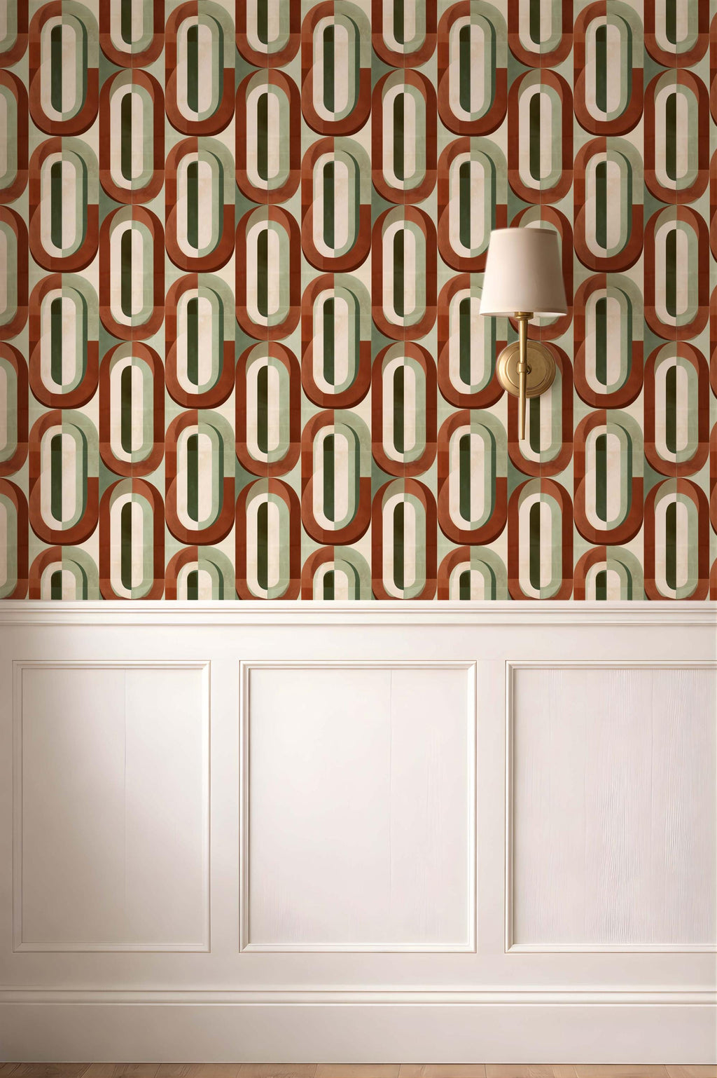 Mid-Century Retro Wallpaper - Geometric Burnt Orange and Sage Wall Mural